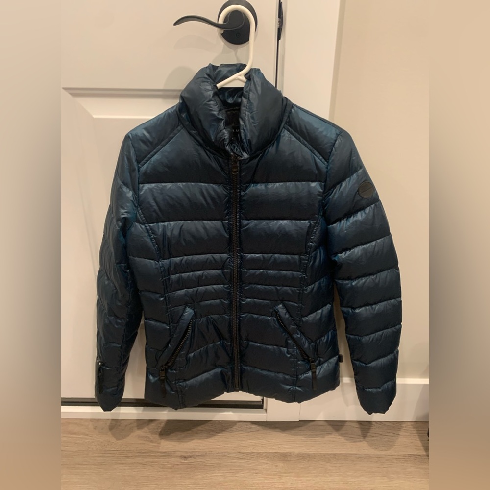 Andrew Marc puffer coat, size XS, dark blue/green slightly metallic